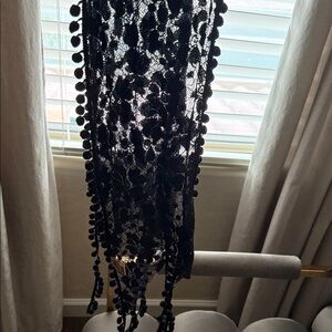 Elegant Black Lace Scarf with Pom-Pom Trim